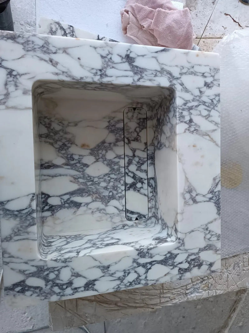 L1- Bespoke Calacatta Viola Marble Integrated Sink, Handmade Vanity Top