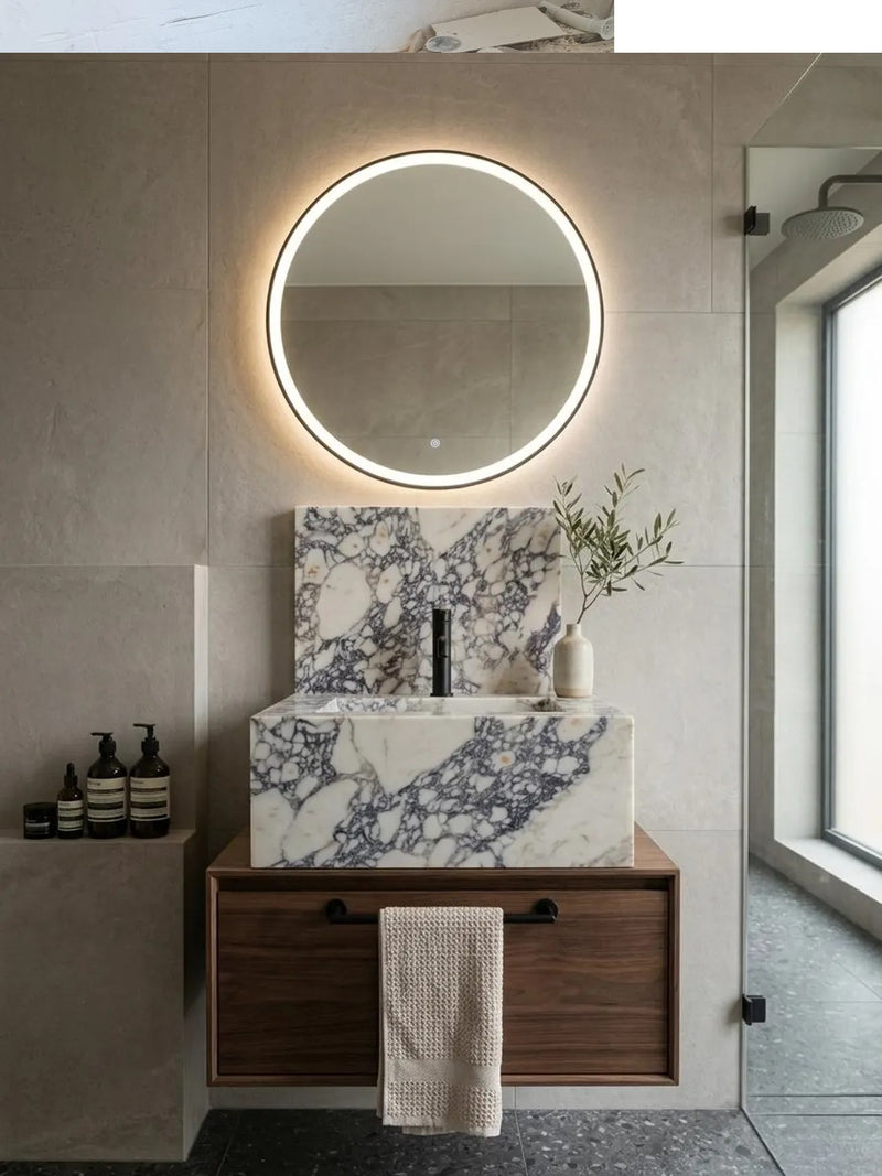 L1- Bespoke Calacatta Viola Marble Integrated Sink, Handmade Vanity Top