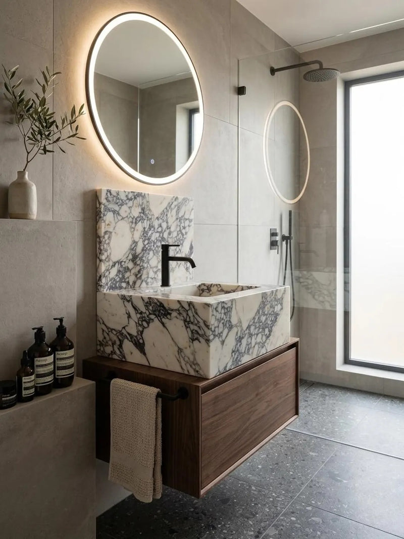 L1- Bespoke Calacatta Viola Marble Integrated Sink, Handmade Vanity Top