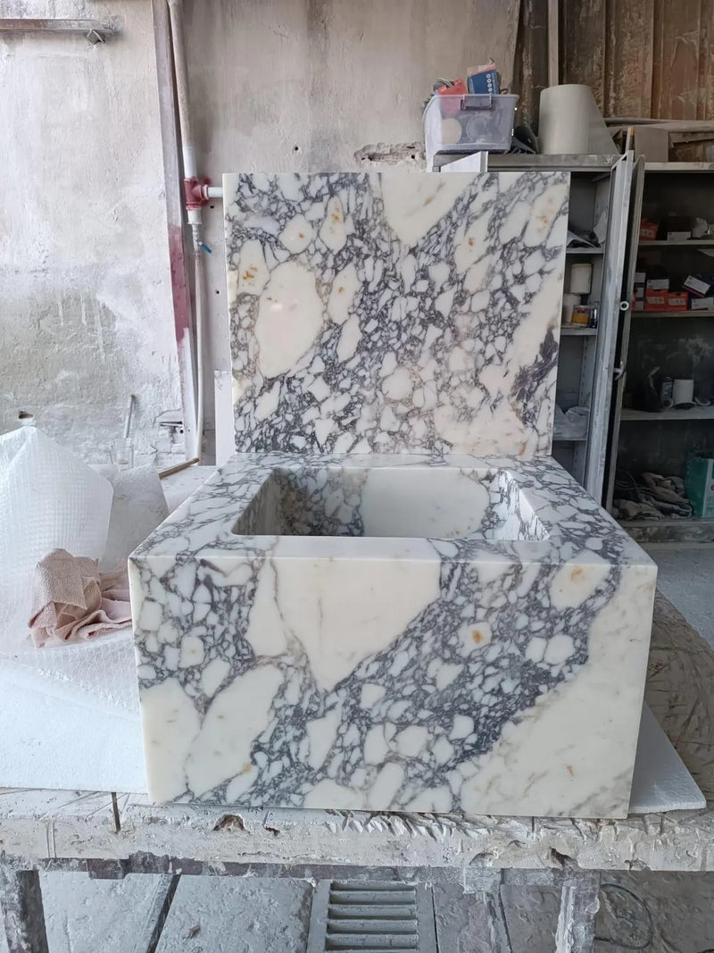 L1- Bespoke Calacatta Viola Marble Integrated Sink, Handmade Vanity Top