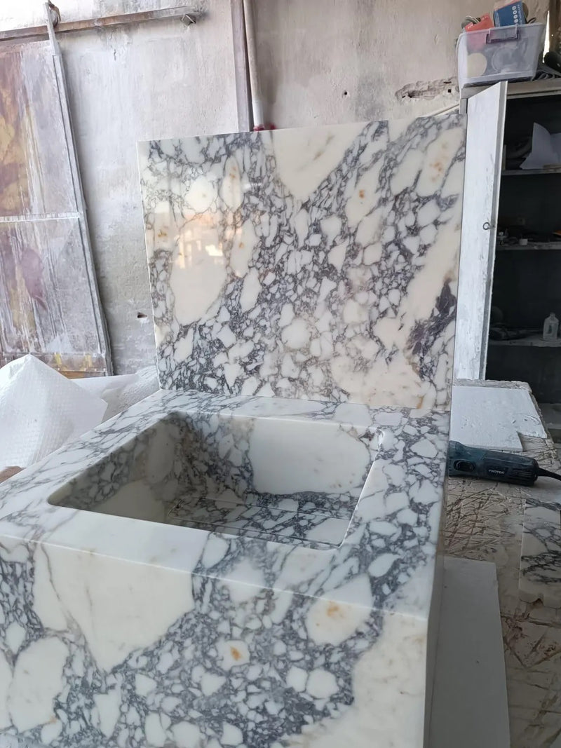 L1- Bespoke Calacatta Viola Marble Integrated Sink, Handmade Vanity Top