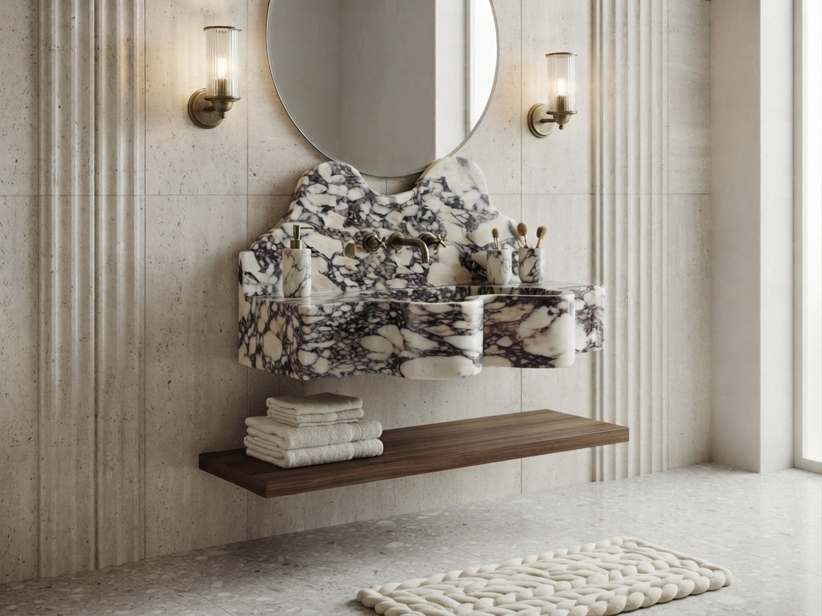 L24- Work of Art Calacatta Viola Curvy Marble Sink, Contemporary Bathroom Sink