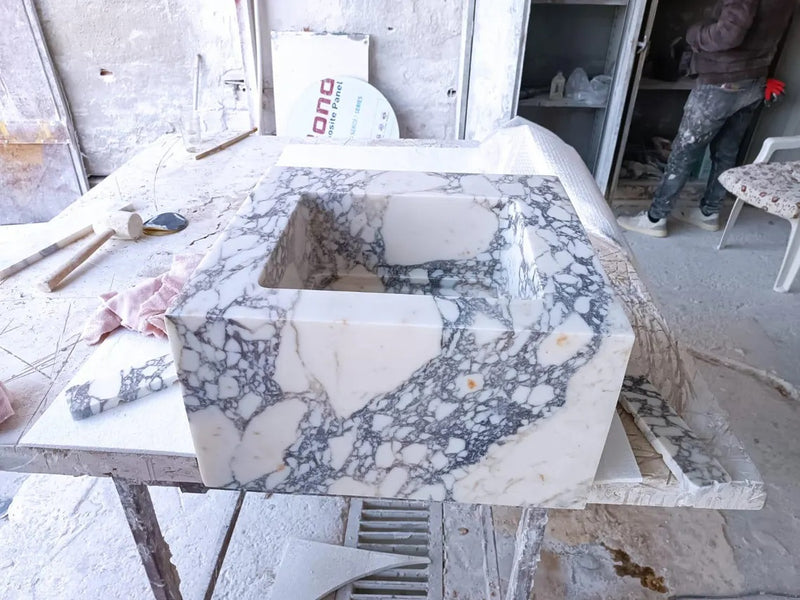 L1- Bespoke Calacatta Viola Marble Integrated Sink, Handmade Vanity Top